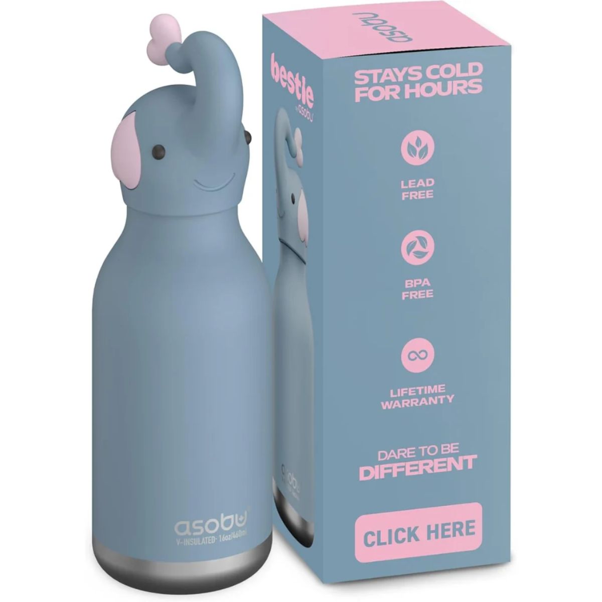 Asobu Bestie Insulated Kids Bottle 16 oz - Elephant - Fun and Adorable Elephant Design