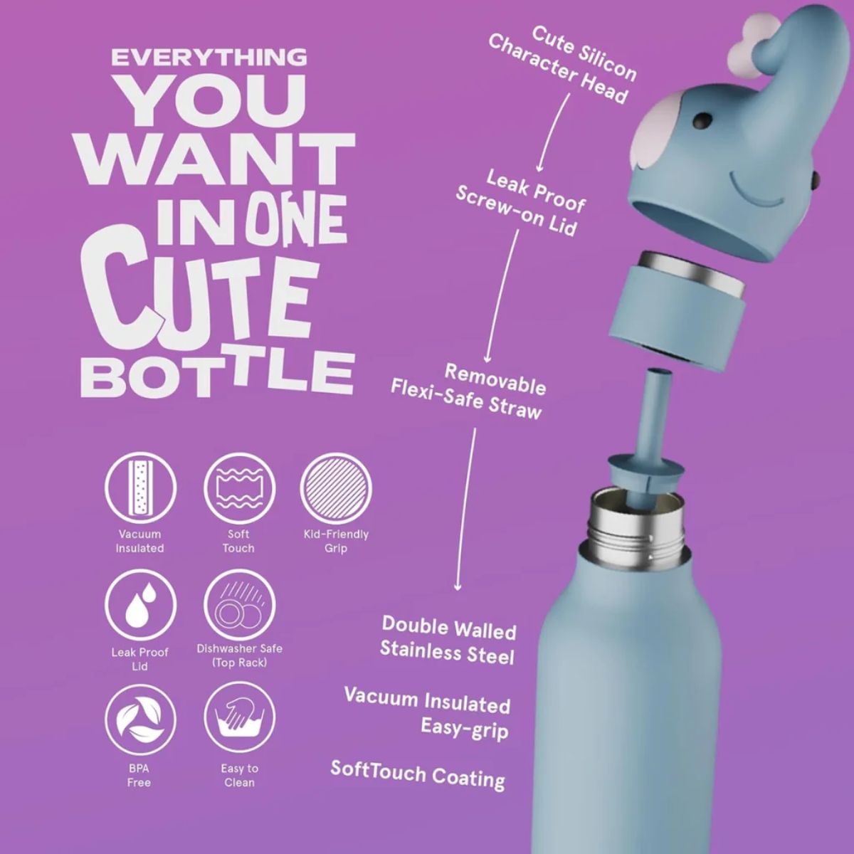 Asobu Bestie Insulated Kids Bottle 16 oz - Elephant - Long Lasting Cold Insulation
