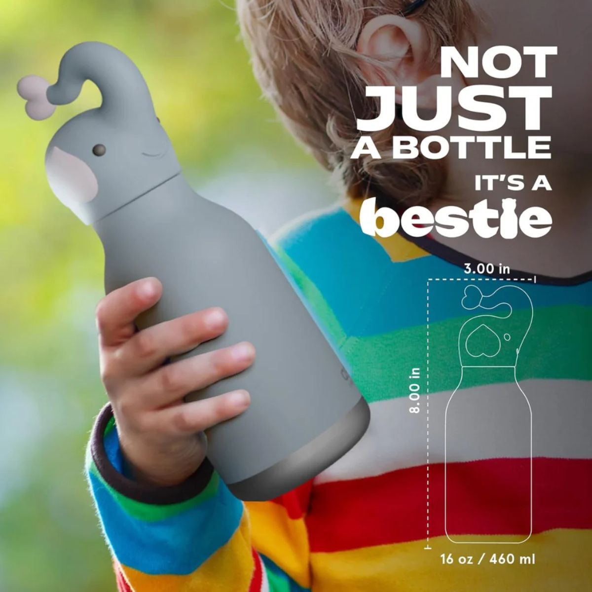 Asobu Bestie Insulated Kids Bottle 16 oz - Elephant - Kid Friendly and Leakproof Functionality