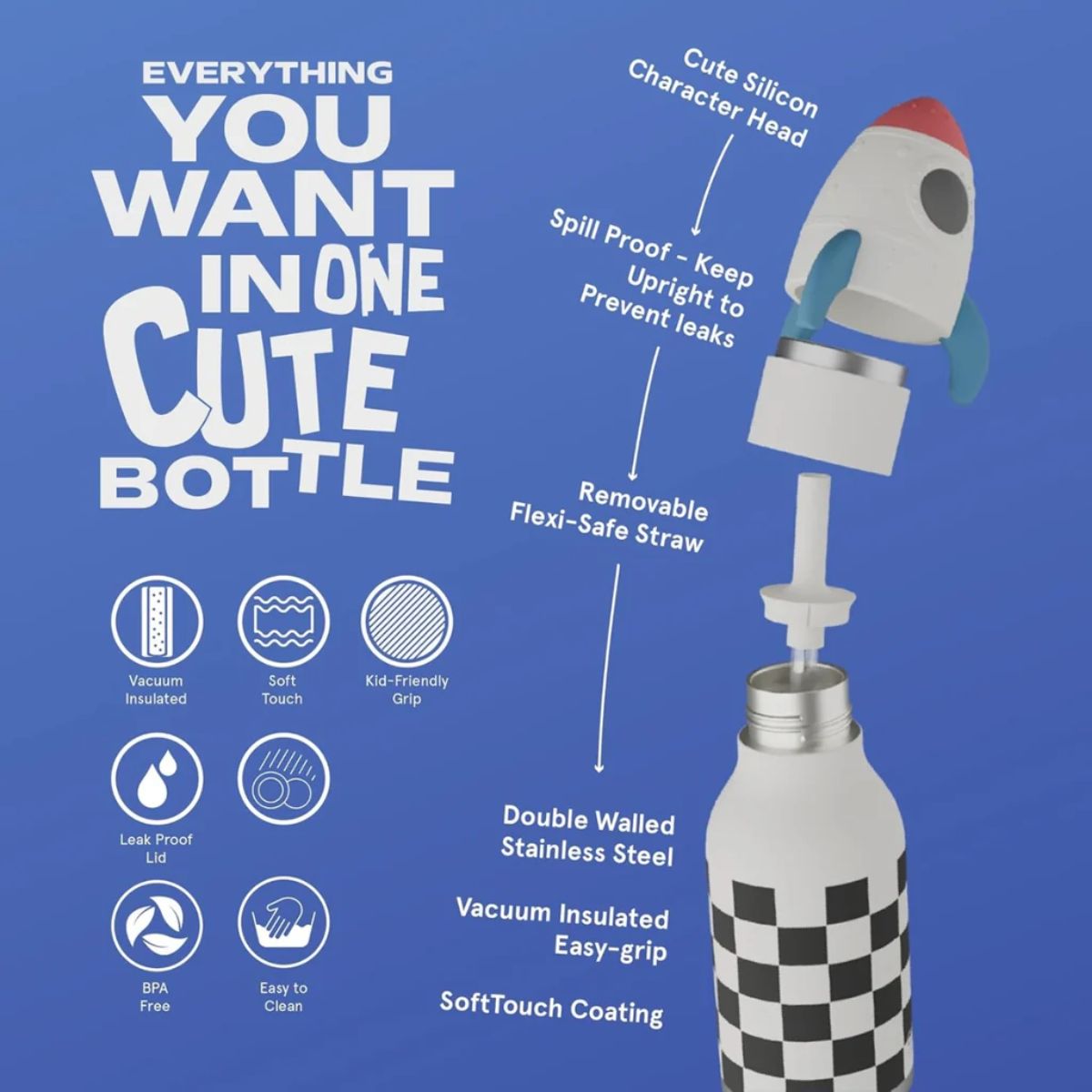 Asobu Bestie Insulated Kids Bottle 16 oz - Rocketship - Long Lasting Cold Insulation